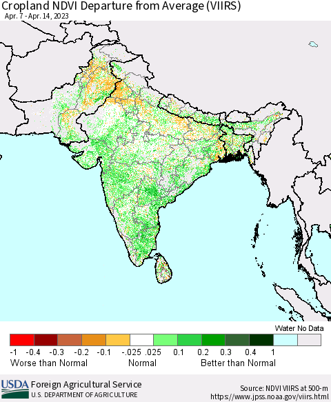 Southern Asia Cropland NDVI Departure from Average (VIIRS) Thematic Map For 4/11/2023 - 4/20/2023