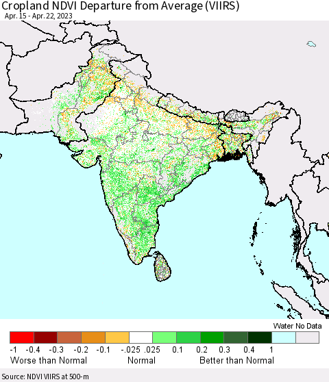 Southern Asia Cropland NDVI Departure from Average (VIIRS) Thematic Map For 4/15/2023 - 4/22/2023