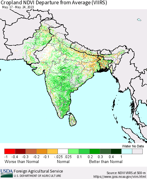 Southern Asia Cropland NDVI Departure from Average (VIIRS) Thematic Map For 5/21/2023 - 5/31/2023