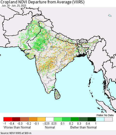 Southern Asia Cropland NDVI Departure from Average (VIIRS) Thematic Map For 6/18/2023 - 6/25/2023