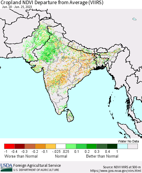 Southern Asia Cropland NDVI Departure from Average (VIIRS) Thematic Map For 6/21/2023 - 6/30/2023