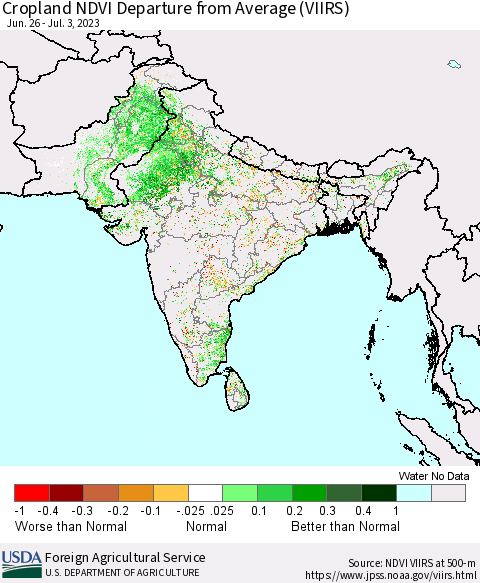 Southern Asia Cropland NDVI Departure from Average (VIIRS) Thematic Map For 7/1/2023 - 7/10/2023
