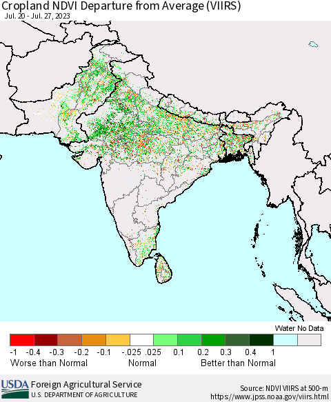 Southern Asia Cropland NDVI Departure from Average (VIIRS) Thematic Map For 7/21/2023 - 7/31/2023