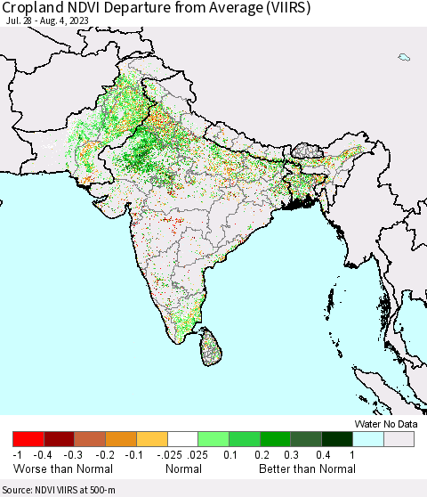 Southern Asia Cropland NDVI Departure from Average (VIIRS) Thematic Map For 7/28/2023 - 8/4/2023