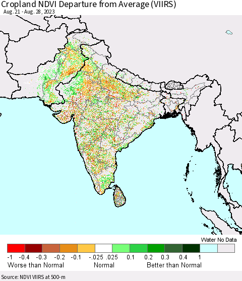 Southern Asia Cropland NDVI Departure from Average (VIIRS) Thematic Map For 8/21/2023 - 8/28/2023