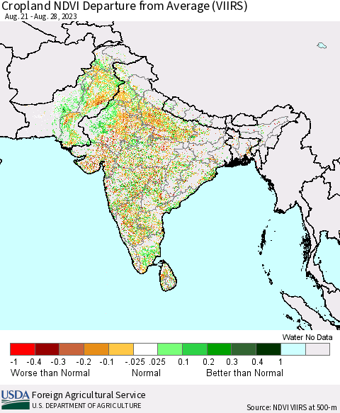 Southern Asia Cropland NDVI Departure from Average (VIIRS) Thematic Map For 8/21/2023 - 8/31/2023