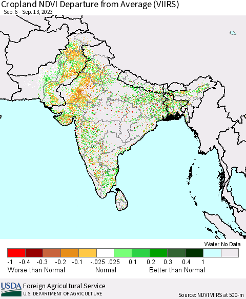 Southern Asia Cropland NDVI Departure from Average (VIIRS) Thematic Map For 9/11/2023 - 9/20/2023
