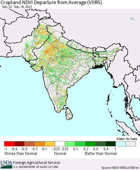 Southern Asia Cropland NDVI Departure from Average (VIIRS) Thematic Map For 9/21/2023 - 9/30/2023