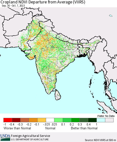 Southern Asia Cropland NDVI Departure from Average (VIIRS) Thematic Map For 10/1/2023 - 10/10/2023