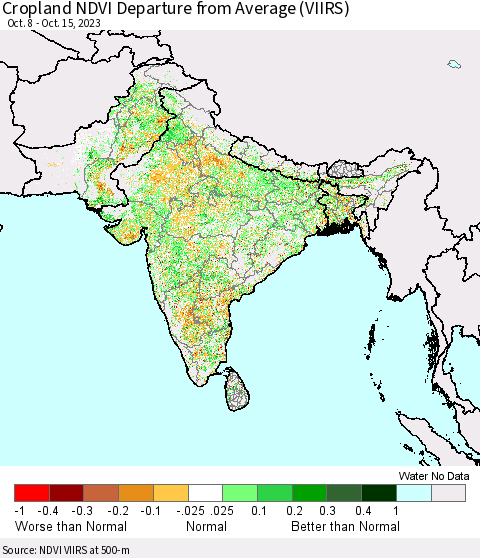 Southern Asia Cropland NDVI Departure from Average (VIIRS) Thematic Map For 10/8/2023 - 10/15/2023