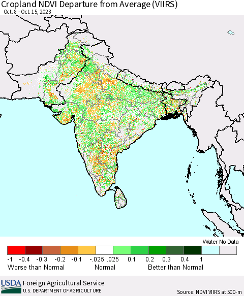 Southern Asia Cropland NDVI Departure from Average (VIIRS) Thematic Map For 10/11/2023 - 10/20/2023
