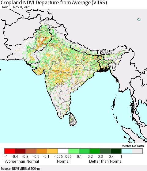 Southern Asia Cropland NDVI Departure from Average (VIIRS) Thematic Map For 11/1/2023 - 11/8/2023