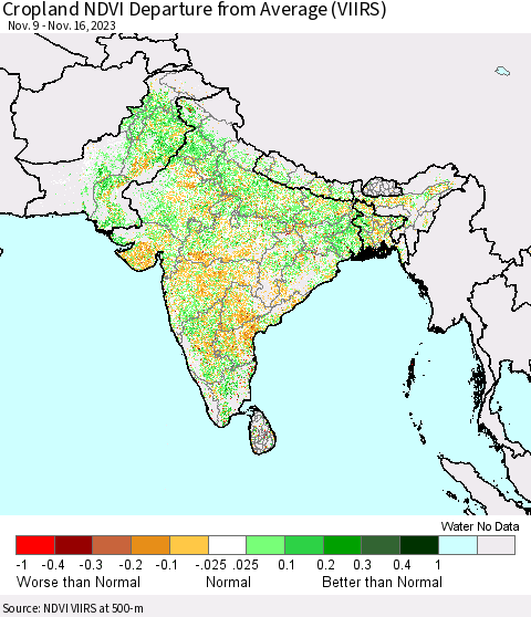 Southern Asia Cropland NDVI Departure from Average (VIIRS) Thematic Map For 11/9/2023 - 11/16/2023