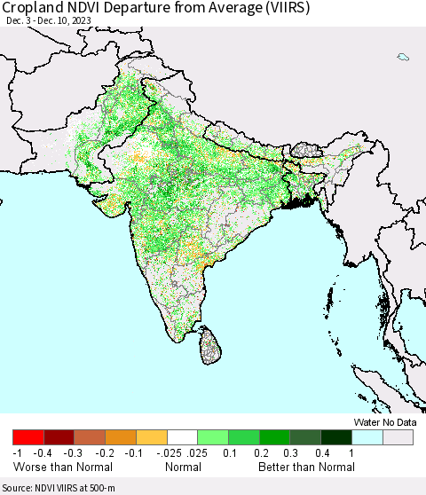 Southern Asia Cropland NDVI Departure from Average (VIIRS) Thematic Map For 12/3/2023 - 12/10/2023