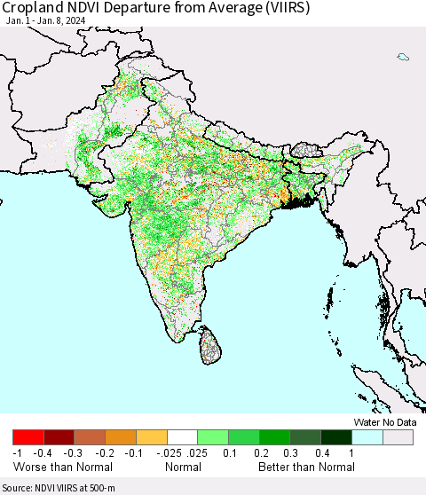 Southern Asia Cropland NDVI Departure from Average (VIIRS) Thematic Map For 1/1/2024 - 1/8/2024