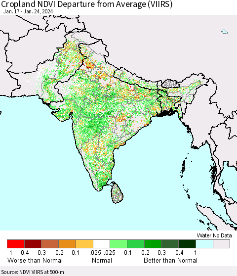 Southern Asia Cropland NDVI Departure from Average (VIIRS) Thematic Map For 1/17/2024 - 1/24/2024