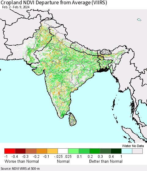 Southern Asia Cropland NDVI Departure from Average (VIIRS) Thematic Map For 2/2/2024 - 2/9/2024