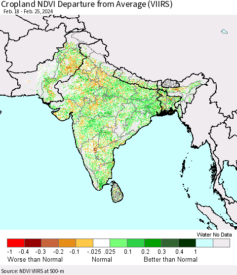 Southern Asia Cropland NDVI Departure from Average (VIIRS) Thematic Map For 2/18/2024 - 2/25/2024