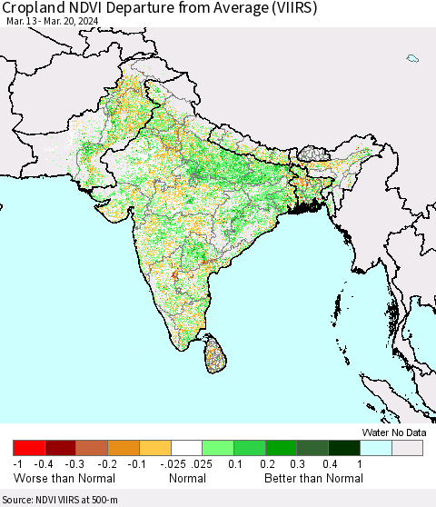 Southern Asia Cropland NDVI Departure from Average (VIIRS) Thematic Map For 3/13/2024 - 3/20/2024