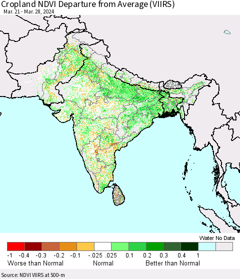 Southern Asia Cropland NDVI Departure from Average (VIIRS) Thematic Map For 3/21/2024 - 3/28/2024