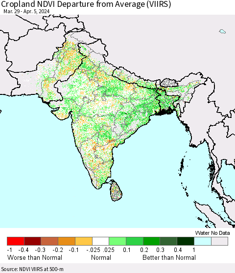 Southern Asia Cropland NDVI Departure from Average (VIIRS) Thematic Map For 3/29/2024 - 4/5/2024