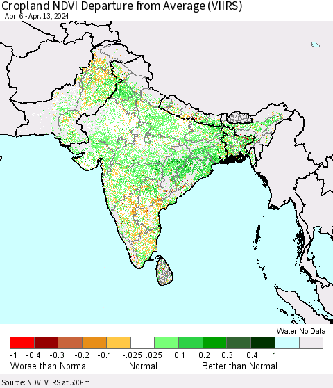Southern Asia Cropland NDVI Departure from Average (VIIRS) Thematic Map For 4/6/2024 - 4/13/2024