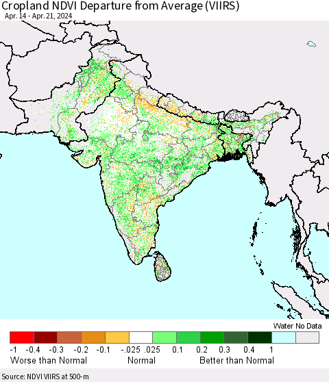 Southern Asia Cropland NDVI Departure from Average (VIIRS) Thematic Map For 4/14/2024 - 4/21/2024