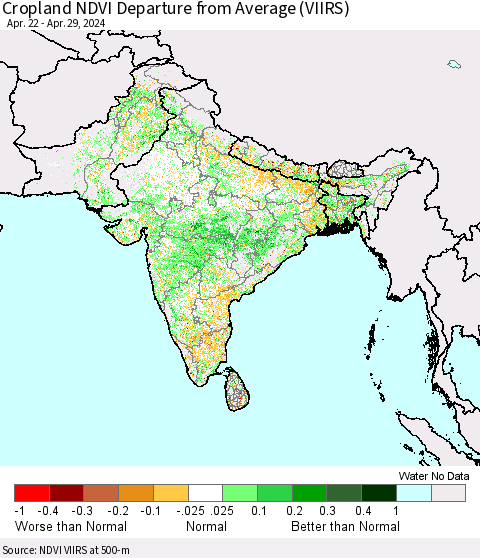 Southern Asia Cropland NDVI Departure from Average (VIIRS) Thematic Map For 4/22/2024 - 4/29/2024