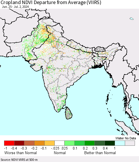 Southern Asia Cropland NDVI Departure from Average (VIIRS) Thematic Map For 6/25/2024 - 7/2/2024