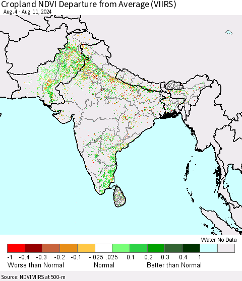 Southern Asia Cropland NDVI Departure from Average (VIIRS) Thematic Map For 8/4/2024 - 8/11/2024