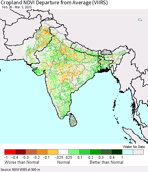 Southern Asia Cropland NDVI Departure from Average (VIIRS) Thematic Map For 2/26/2025 - 3/5/2025