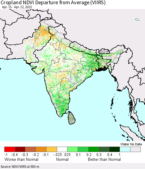 Southern Asia Cropland NDVI Departure from Average (VIIRS) Thematic Map For 4/15/2025 - 4/22/2025