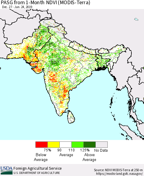 Southern Asia PASG from 1-Month NDVI (Terra-MODIS) Thematic Map For 1/21/2019 - 1/31/2019