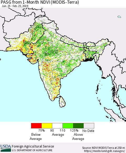 Southern Asia PASG from 1-Month NDVI (Terra-MODIS) Thematic Map For 2/21/2019 - 2/28/2019