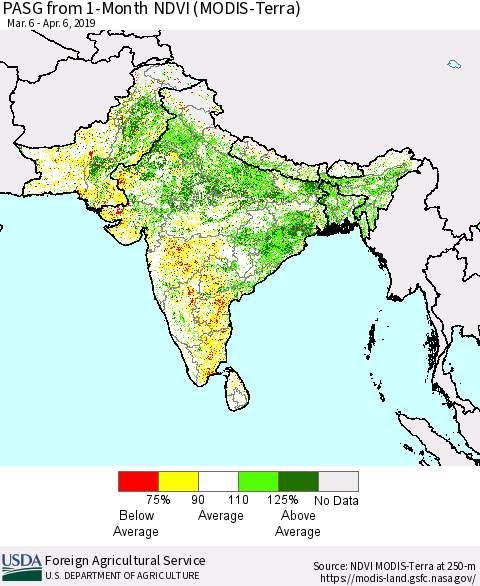 Southern Asia PASG from 1-Month NDVI (Terra-MODIS) Thematic Map For 4/1/2019 - 4/10/2019
