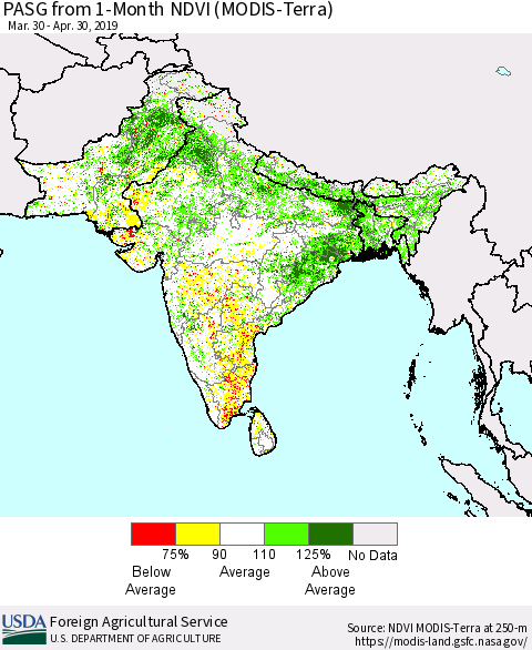 Southern Asia PASG from 1-Month NDVI (Terra-MODIS) Thematic Map For 4/21/2019 - 4/30/2019