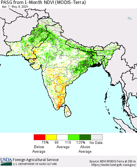Southern Asia PASG from 1-Month NDVI (Terra-MODIS) Thematic Map For 5/1/2019 - 5/10/2019