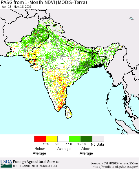 Southern Asia PASG from 1-Month NDVI (MODIS-Terra) Thematic Map For 5/11/2019 - 5/20/2019