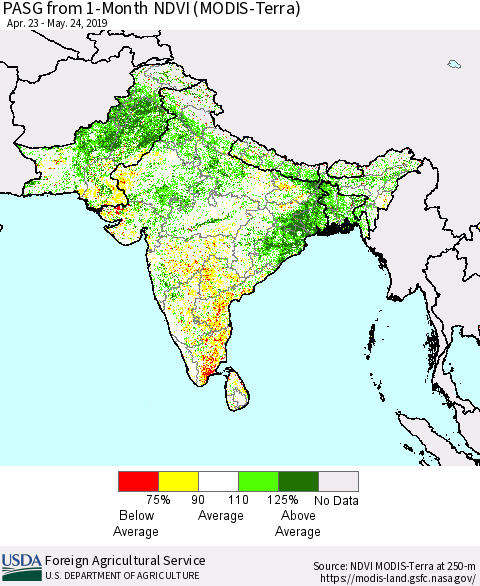 Southern Asia PASG from 1-Month NDVI (MODIS-Terra) Thematic Map For 5/21/2019 - 5/31/2019