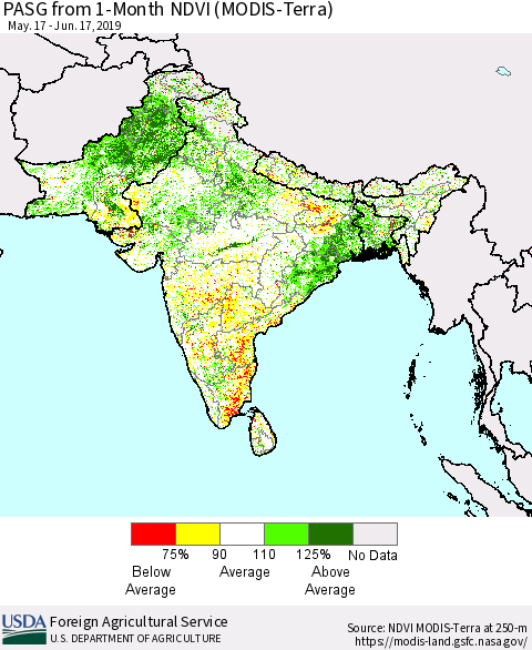 Southern Asia PASG from 1-Month NDVI (MODIS-Terra) Thematic Map For 6/11/2019 - 6/20/2019