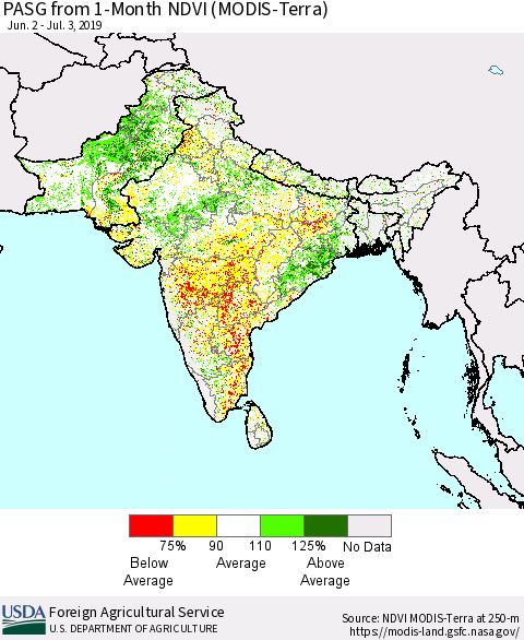 Southern Asia PASG from 1-Month NDVI (Terra-MODIS) Thematic Map For 7/1/2019 - 7/10/2019