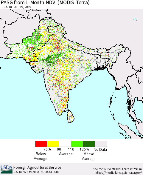 Southern Asia PASG from 1-Month NDVI (MODIS-Terra) Thematic Map For 7/11/2019 - 7/20/2019