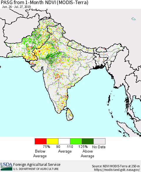 Southern Asia PASG from 1-Month NDVI (Terra-MODIS) Thematic Map For 7/21/2019 - 7/31/2019