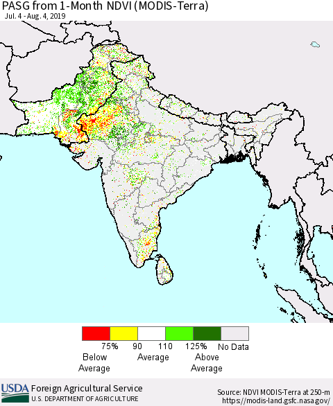Southern Asia PASG from 1-Month NDVI (Terra-MODIS) Thematic Map For 8/1/2019 - 8/10/2019