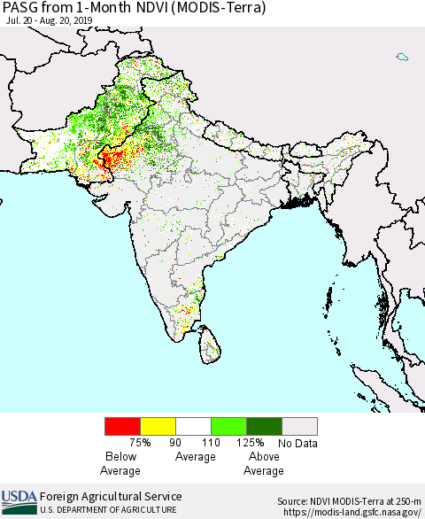 Southern Asia PASG from 1-Month NDVI (Terra-MODIS) Thematic Map For 8/11/2019 - 8/20/2019