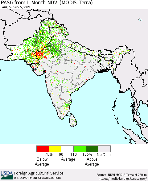 Southern Asia PASG from 1-Month NDVI (MODIS-Terra) Thematic Map For 9/1/2019 - 9/10/2019