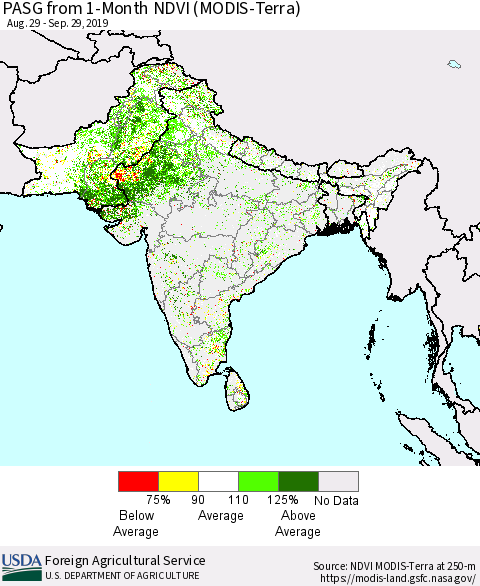 Southern Asia PASG from 1-Month NDVI (MODIS-Terra) Thematic Map For 9/21/2019 - 9/30/2019