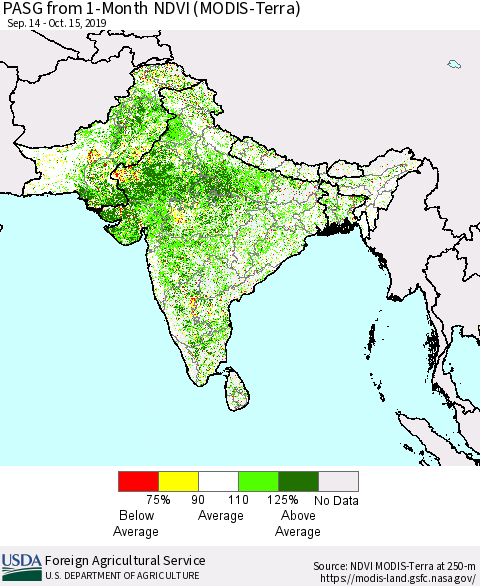Southern Asia PASG from 1-Month NDVI (Terra-MODIS) Thematic Map For 10/11/2019 - 10/20/2019