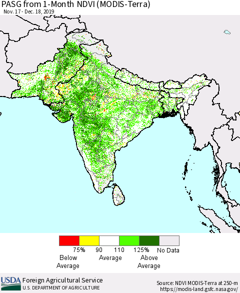 Southern Asia PASG from 1-Month NDVI (MODIS-Terra) Thematic Map For 12/11/2019 - 12/20/2019
