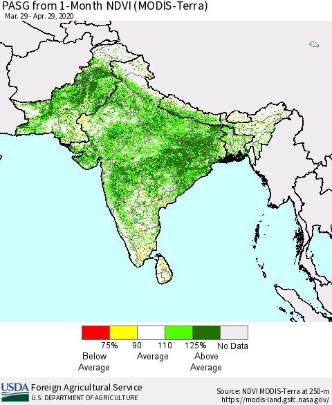 Southern Asia PASG from 1-Month NDVI (MODIS-Terra) Thematic Map For 4/21/2020 - 4/30/2020
